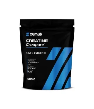 Embalagem preta e azul da Creatina Creapure da Zumub, 500 g, com o selo Creapure impresso na frente