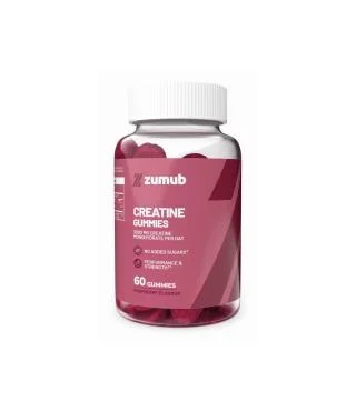 Pote rosa das Gomas de Creatina da Zumub, 60 gomas, com a dose diária de 3000 mg impressa na frente